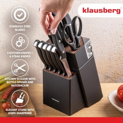 Zestaw noży Klausberg KB-7985 w bloku z ostrzałką 13 elementów