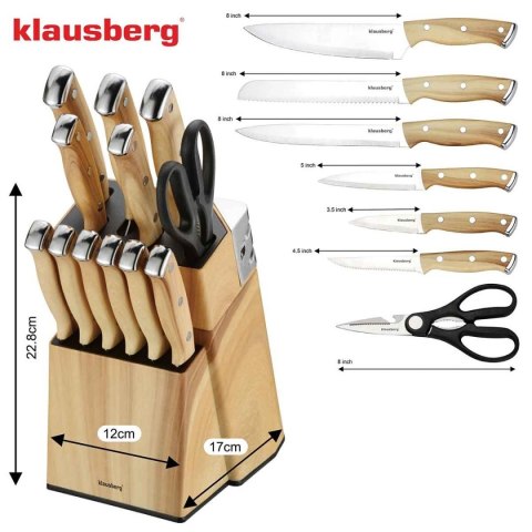 Zestaw noży kuchennych i stekowych Klausberg KB-9038 w bloku z ostrzałką