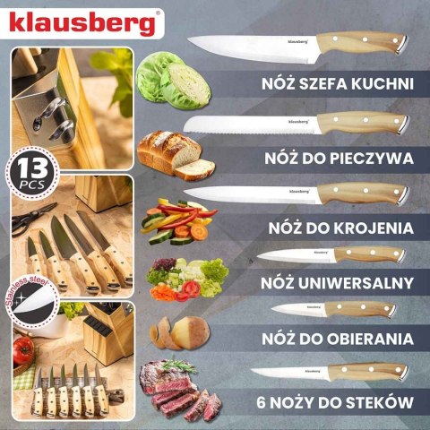 Zestaw noży kuchennych i stekowych Klausberg KB-9038 w bloku z ostrzałką