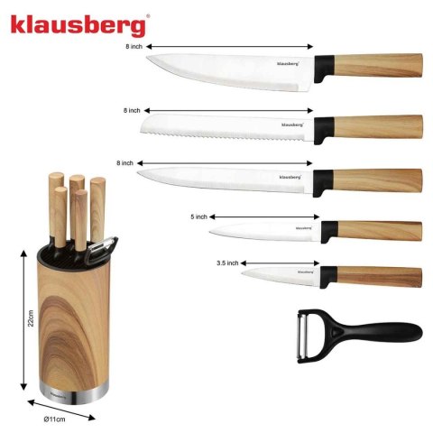 Zestaw noży kuchennych Klausberg KB-9036 z obieraczką i blokiem 7 elementów