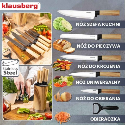 Zestaw noży kuchennych Klausberg KB-9036 z obieraczką i blokiem 7 elementów